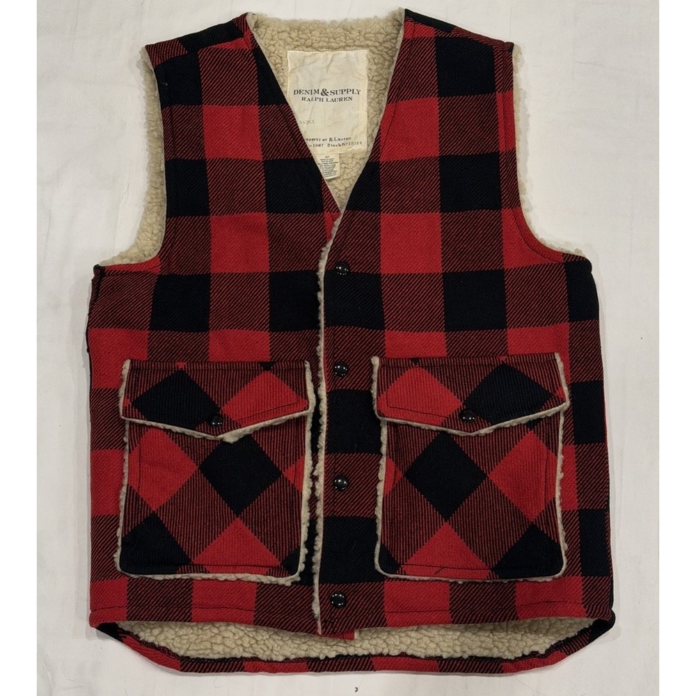 Ralph Lauren Denim & Supply Men's Vest Buffalo Plaid Red Sherpa Lined Size Small